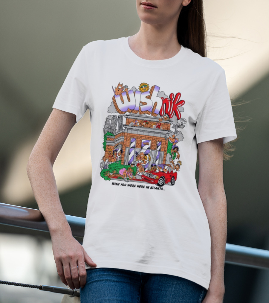 Wishnik Wish You Were Here In Atlanta Cartoon Car Crowd Scene T-Shirt