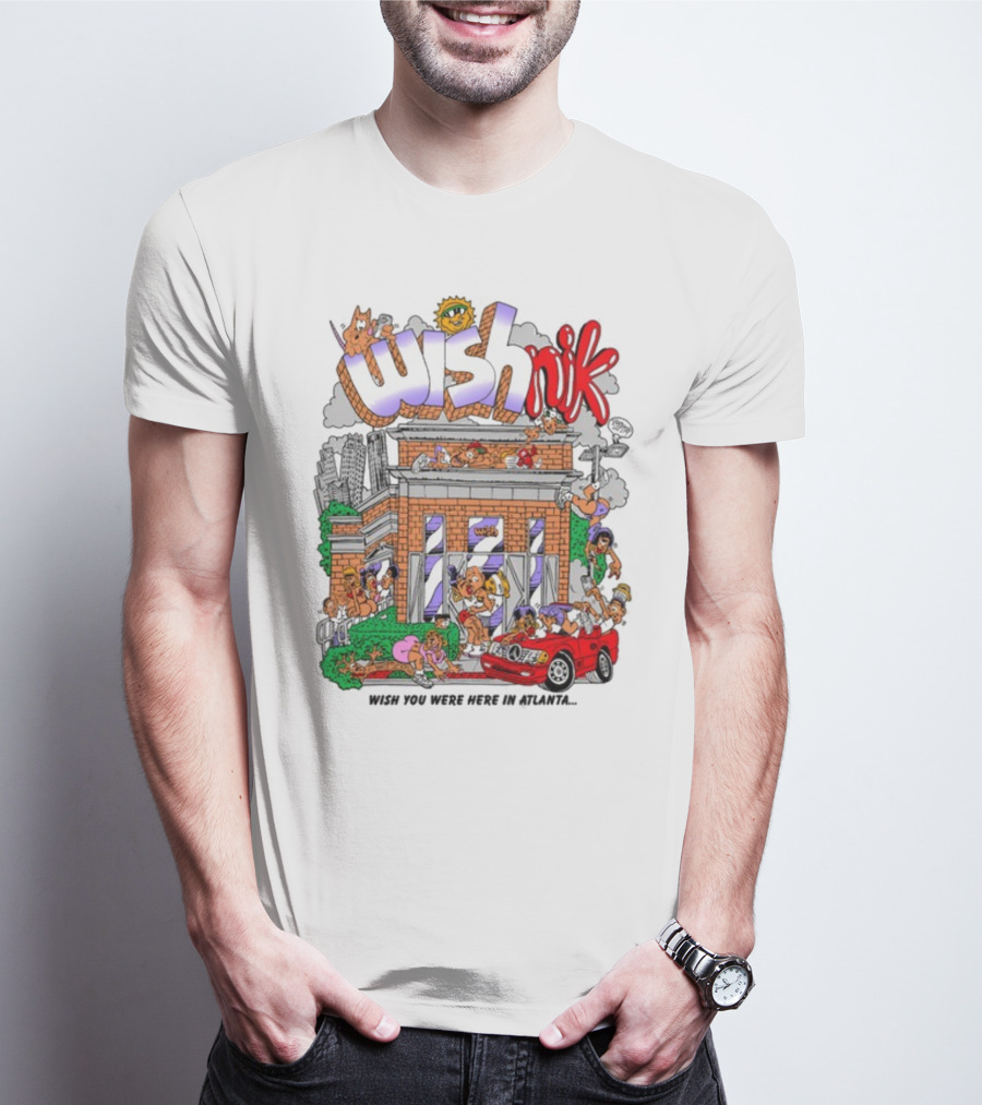 Wishnik Wish You Were Here In Atlanta Cartoon Car Crowd Scene T-Shirt
