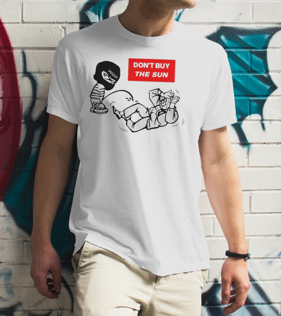 Don't Buy The Sun Graphic With Cartoon Character And Masked Figure Mocking Gesture T-Shirt