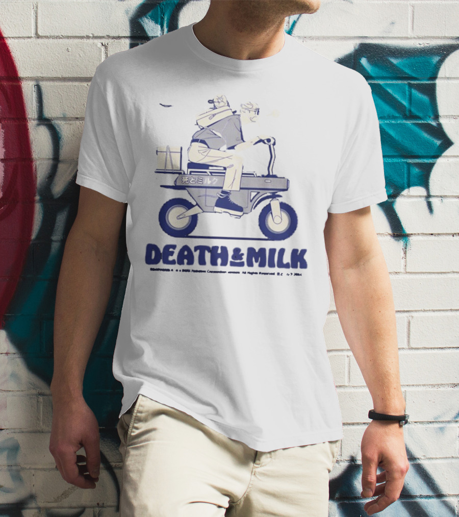 Death And Milk Riding Scooter With Package And Japanese Text T-Shirt