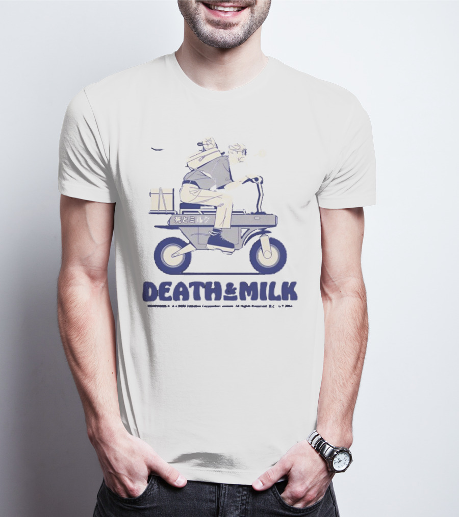 Death And Milk Riding Scooter With Package And Japanese Text T-Shirt