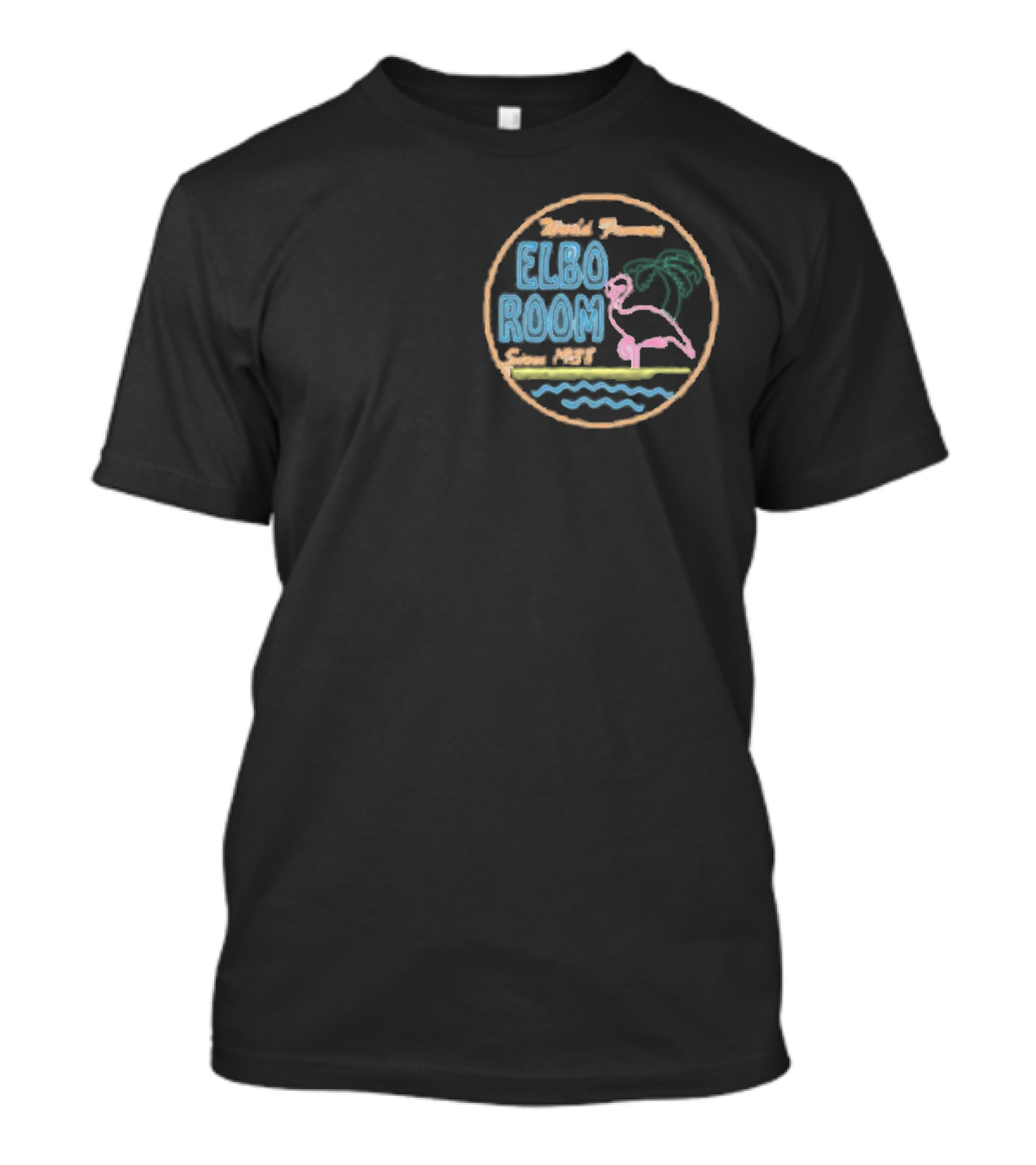 World Famous Elbo Room Since 1938 Neon Flamingo And Palm Tree T-Shirt