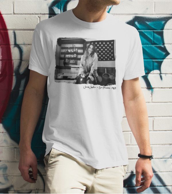Janis Joplin San Francisco 1969 Kitchen Scene With American Flag T-Shirt