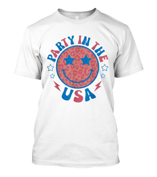 Party In The USA 4th Of July Preppy Smile Star Leopard Print T-Shirt