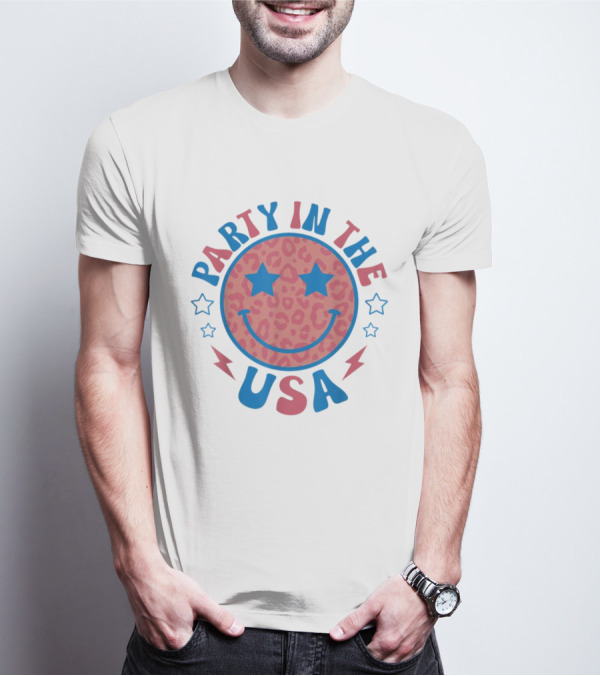 Party In The USA 4th Of July Preppy Smile Star Leopard Print T-Shirt