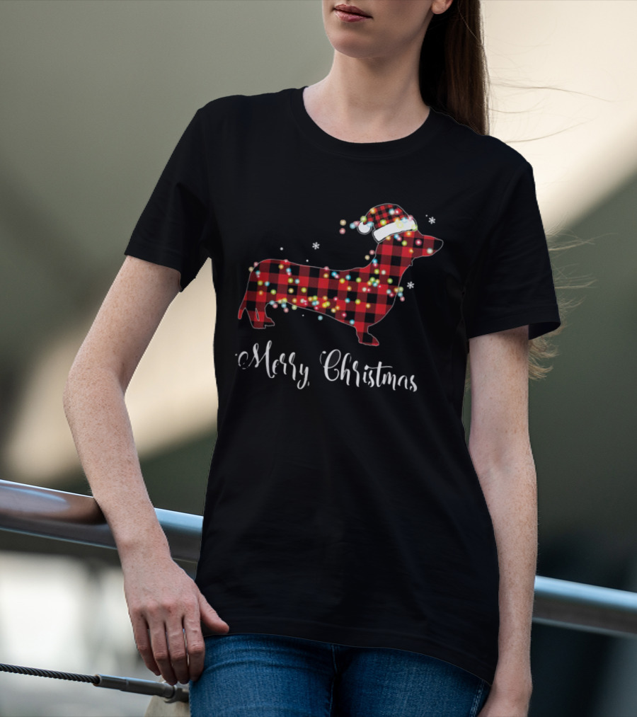 Merry Christmas Red Plaid Buffalo Dachshund With Santa Hat And Lights T-Shirt