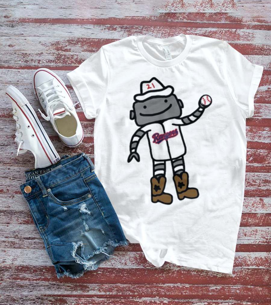 Jason Robertson Rangers 21 Robot Baseball Cartoon With Cowboy Boots T-Shirt