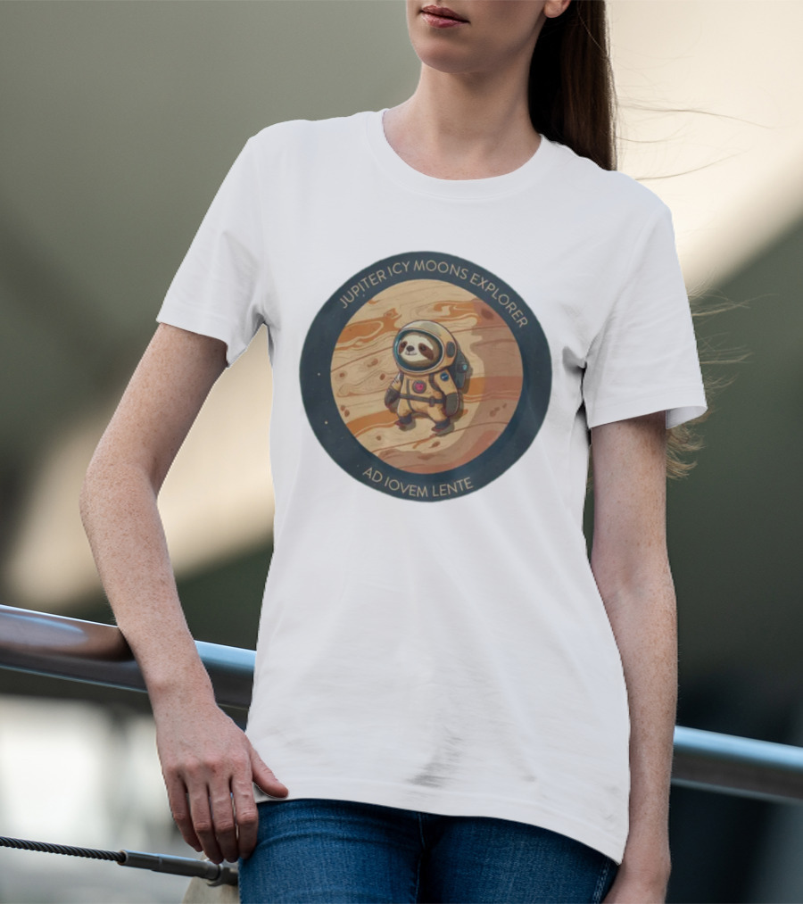 Jupiter Icy Moons Explorer Ad Iovem Lente Space Sloth In Astronaut Suit T-Shirt