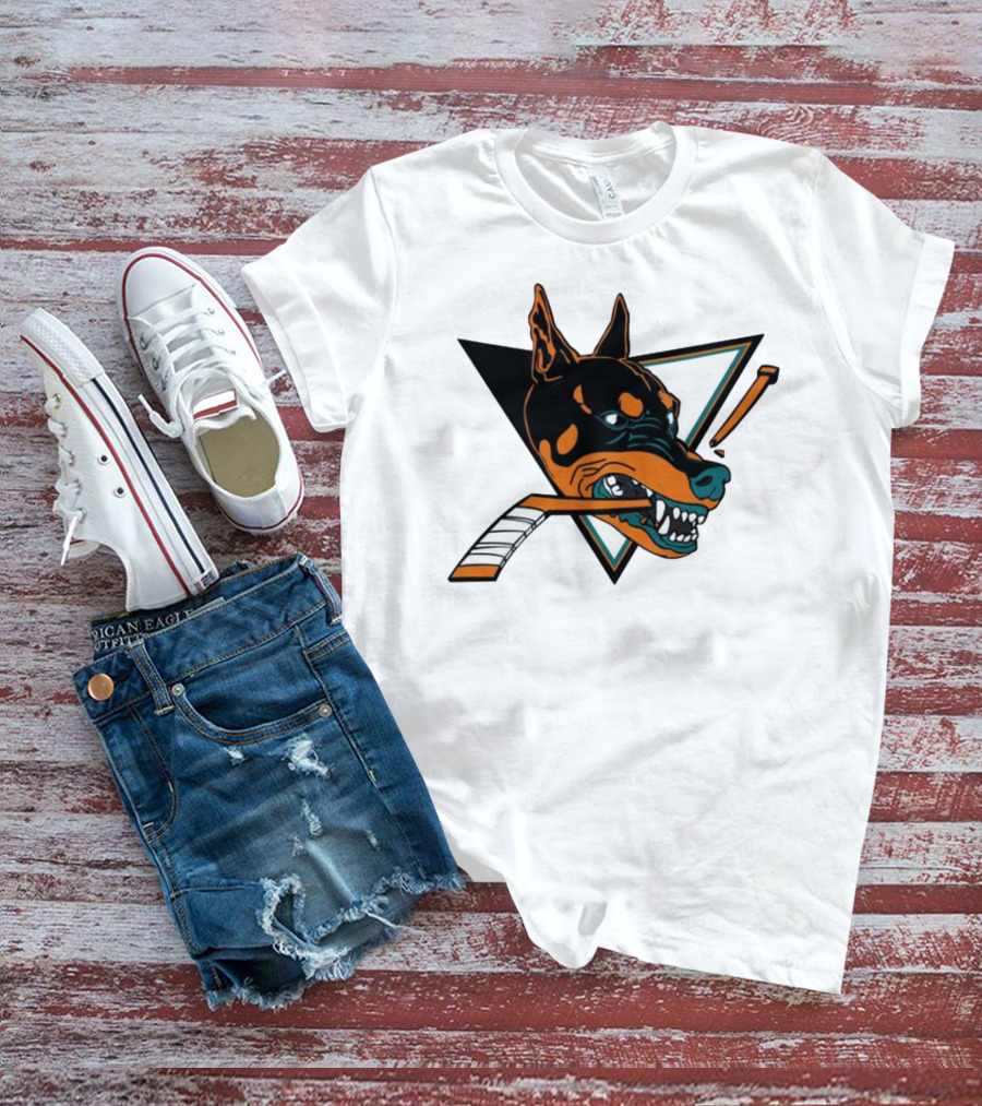Kayzo San Jose Dogs Hockey Iconic Doberman Logo With Hockey Sticks T-Shirt