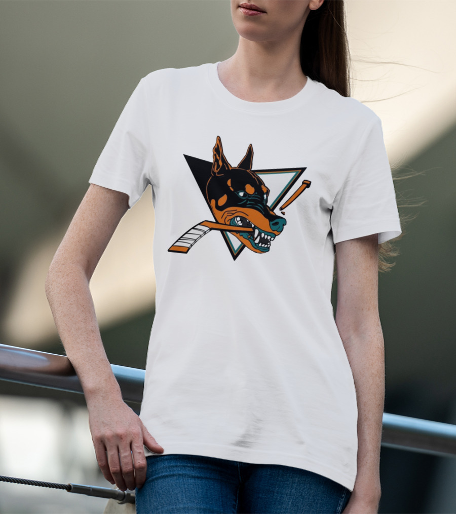 Kayzo San Jose Dogs Hockey Iconic Doberman Logo With Hockey Sticks T-Shirt