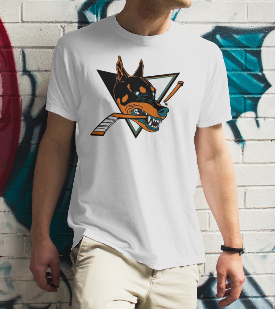 Kayzo San Jose Dogs Hockey Iconic Doberman Logo With Hockey Sticks T-Shirt