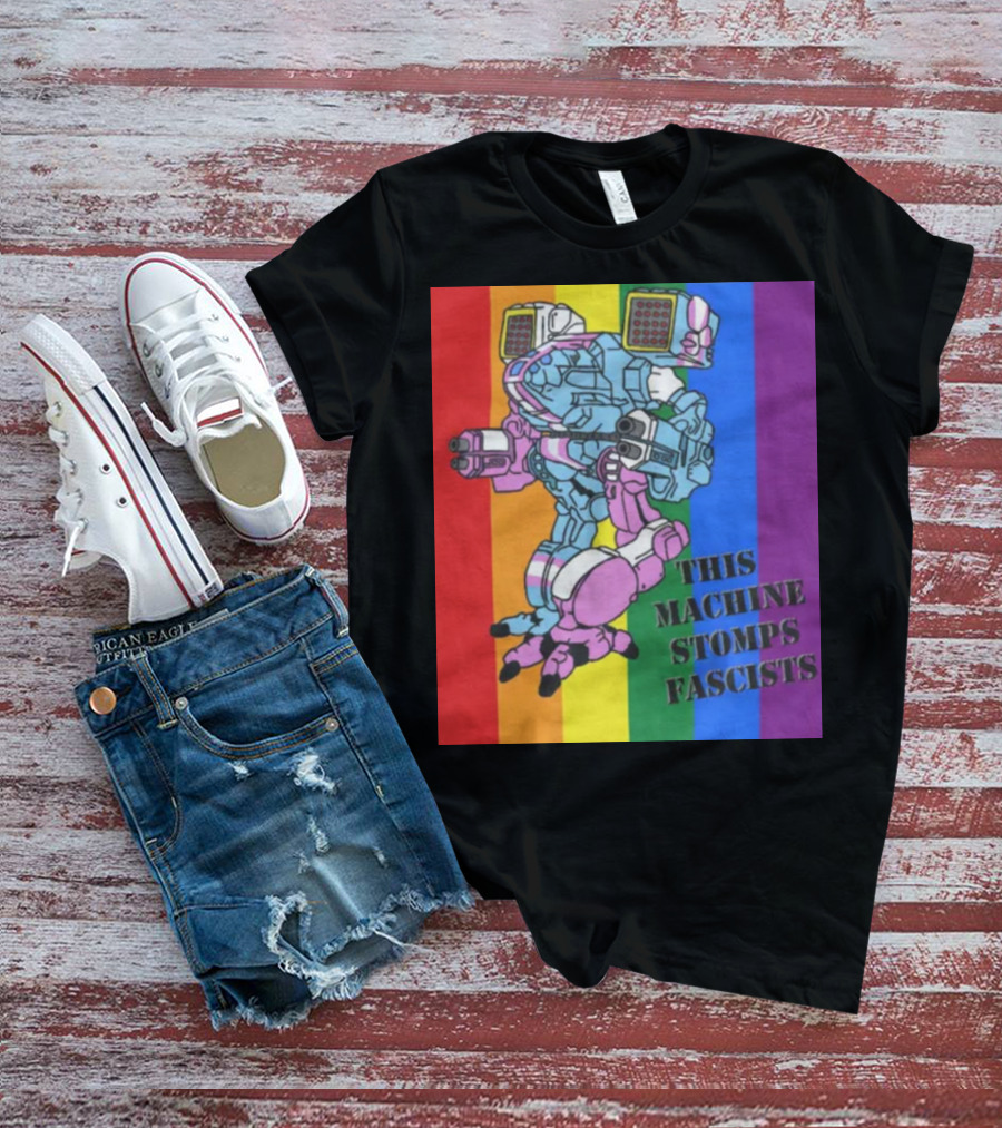 This Machine Stomps Fascists Mech Rainbow Stripes T-Shirt