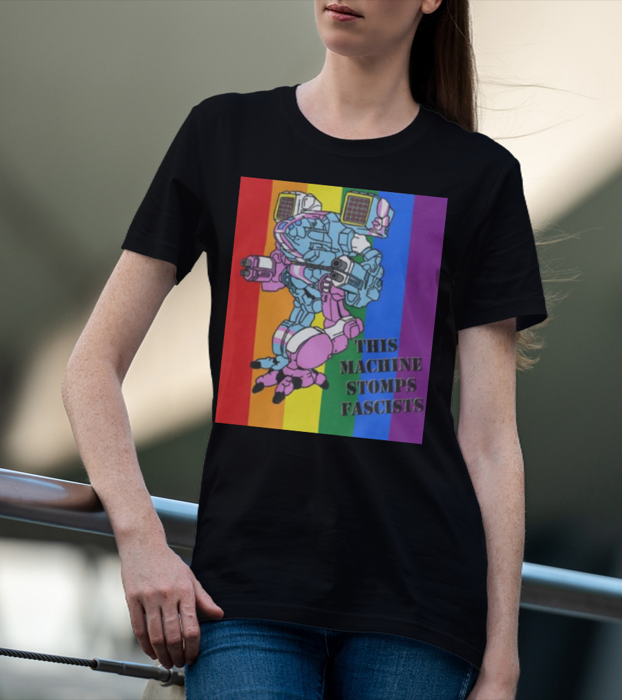This Machine Stomps Fascists Mech Rainbow Stripes T-Shirt