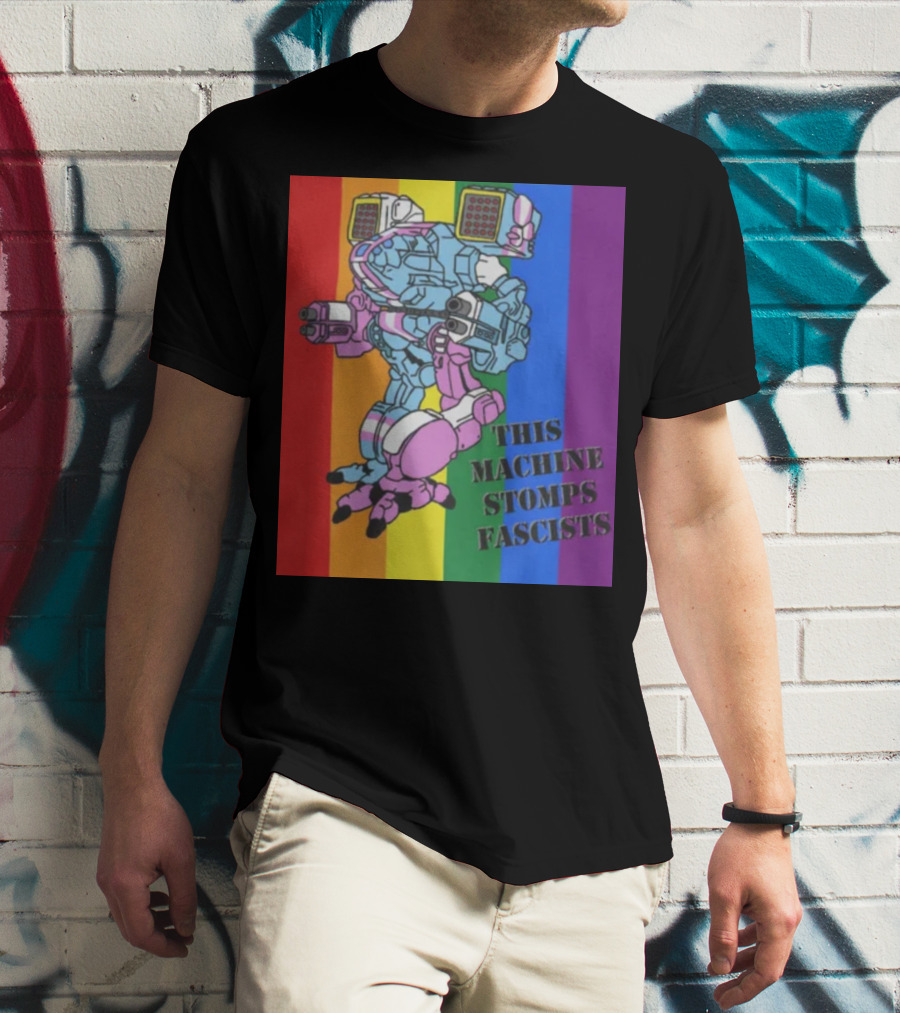 This Machine Stomps Fascists Mech Rainbow Stripes T-Shirt