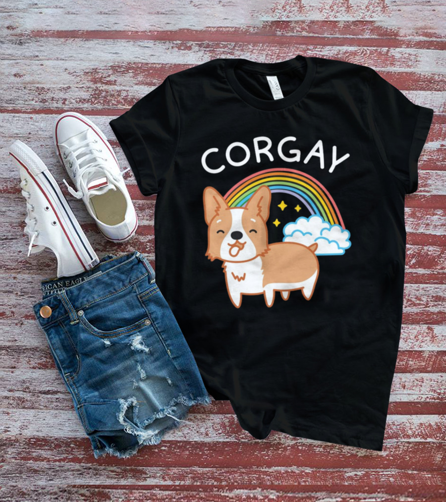 Corgay Rainbow Clouds And Stars With Corgi T-Shirt
