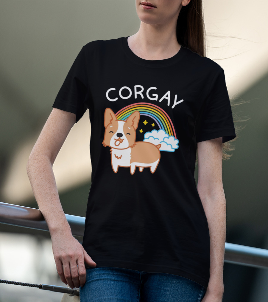 Corgay Rainbow Clouds And Stars With Corgi T-Shirt