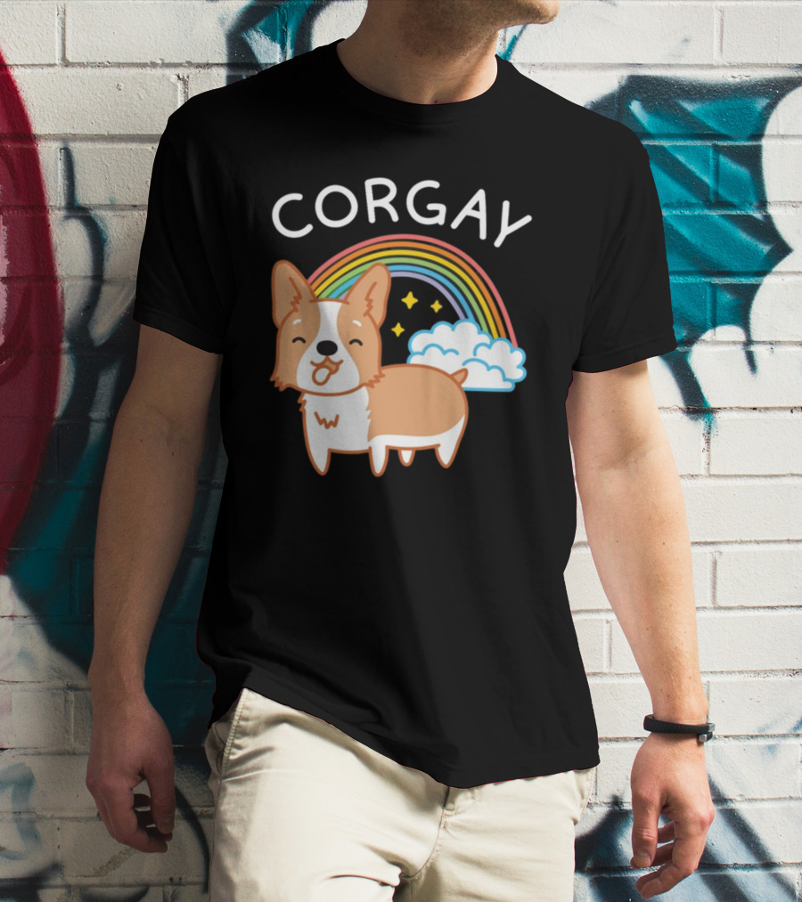 Corgay Rainbow Clouds And Stars With Corgi T-Shirt