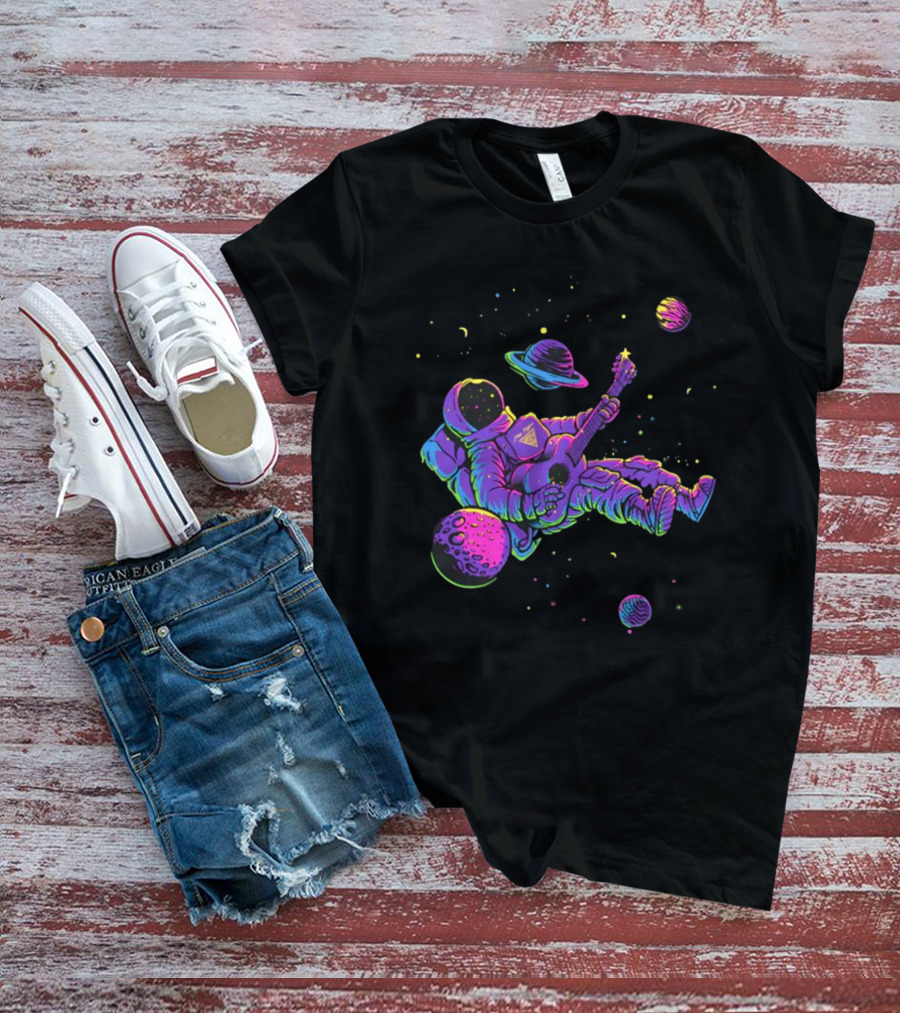 Mile Higher Far Out Astronaut Playing Guitar In Space Among Planets T-Shirt