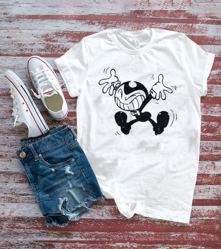 Bendy Jumping Smiling Animated Character Ringer T-Shirt