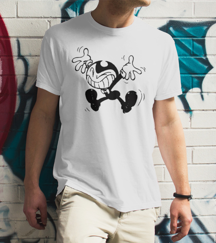 Bendy Jumping Smiling Animated Character Ringer T-Shirt