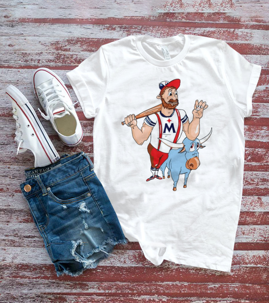 Barret Lee Paul Bunyan Cartoon Baseball Mascot With Blue Ox Babe And M T-Shirt