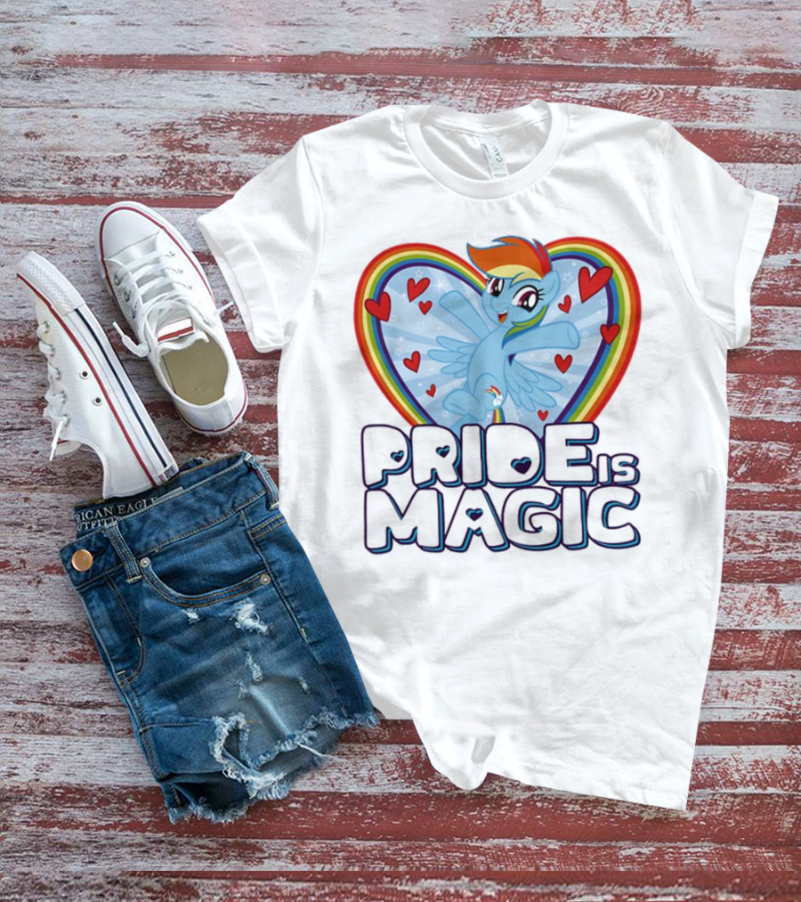 Pride Is Magic Rainbow Heart Flying Pony With Stars And Hearts T-Shirt