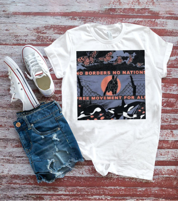 No Borders No Nations Free Movement For All Butterflies Rabbit Orcas Fence Orange Background T-Shirt