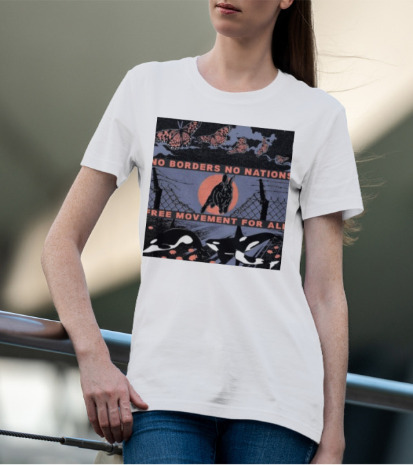 No Borders No Nations Free Movement For All Butterflies Rabbit Orcas Fence Orange Background T-Shirt