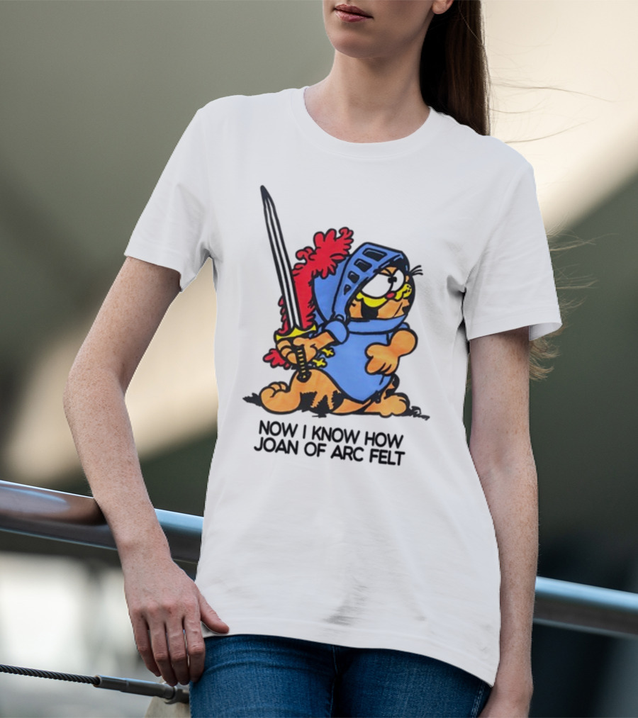 Now I Know How Joan Of Arc Felt Garfield In Knight Armor Holding Sword T-Shirt