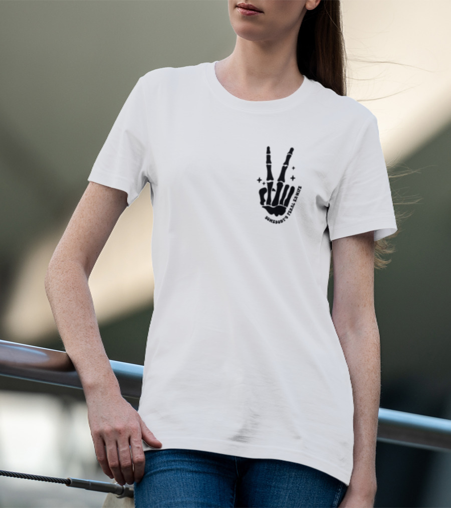Somebody's Feral Ex Wife Skeleton Peace Hand Gesture T-Shirt