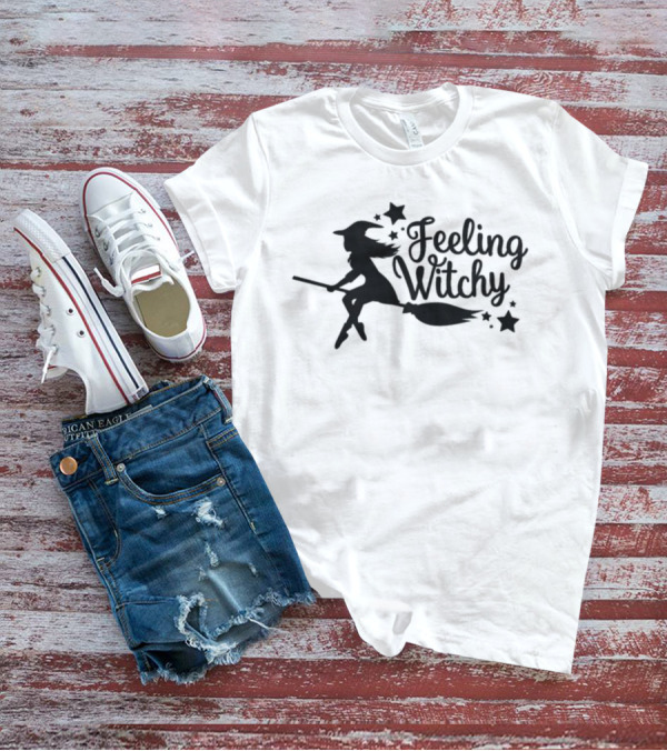 Feeling Witchy Black Silhouette Witch On Broomstick With Stars T-Shirt