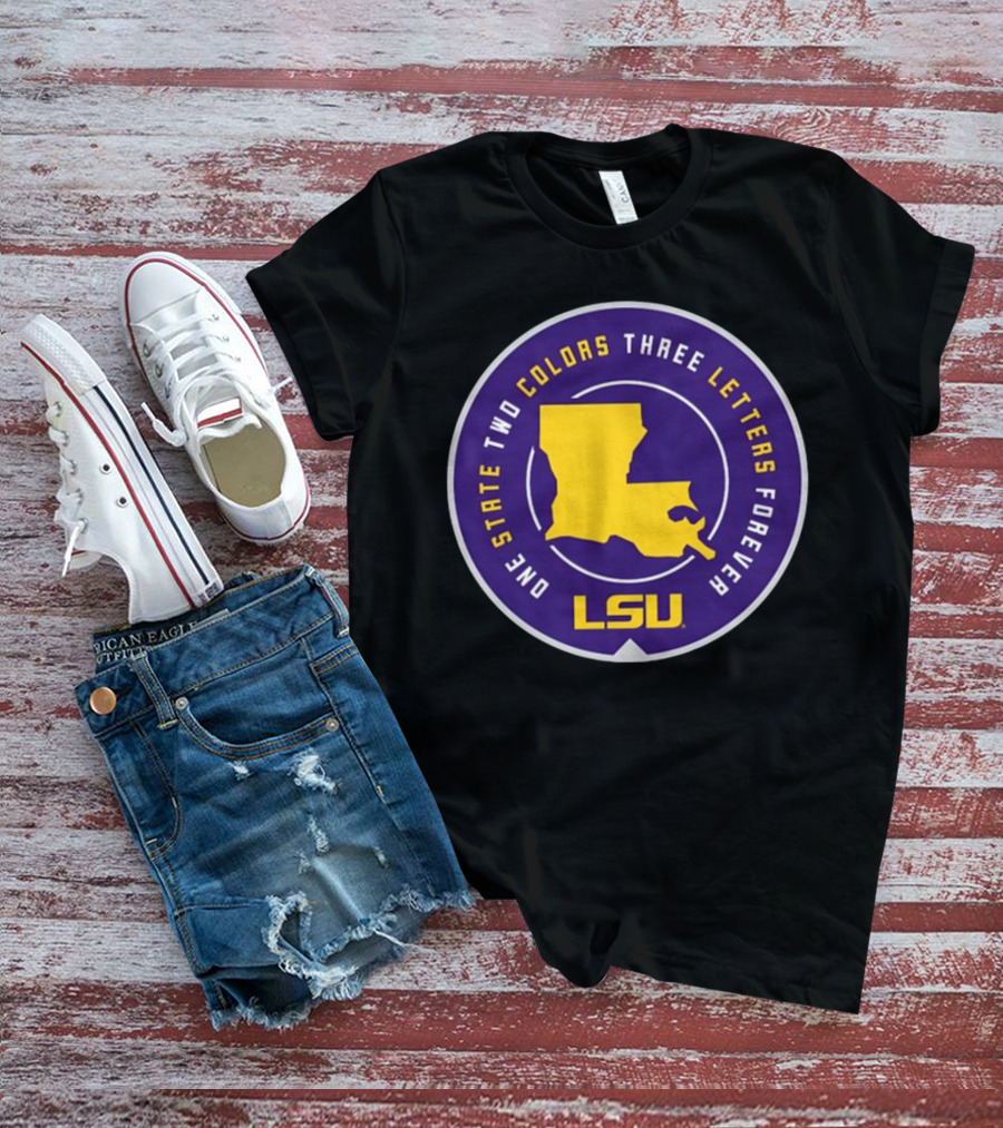 One State Two Colors Three Letters Forever LSU Louisiana Map Purple Gold Circle T-Shirt