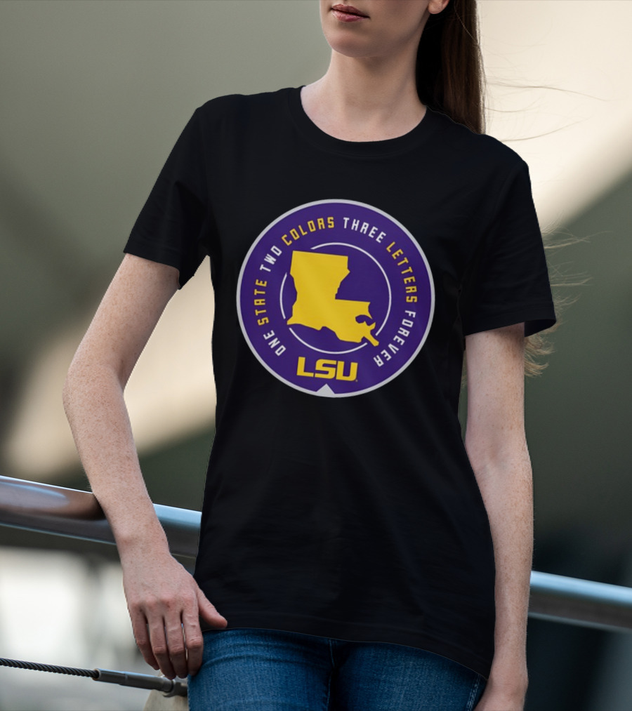 One State Two Colors Three Letters Forever LSU Louisiana Map Purple Gold Circle T-Shirt