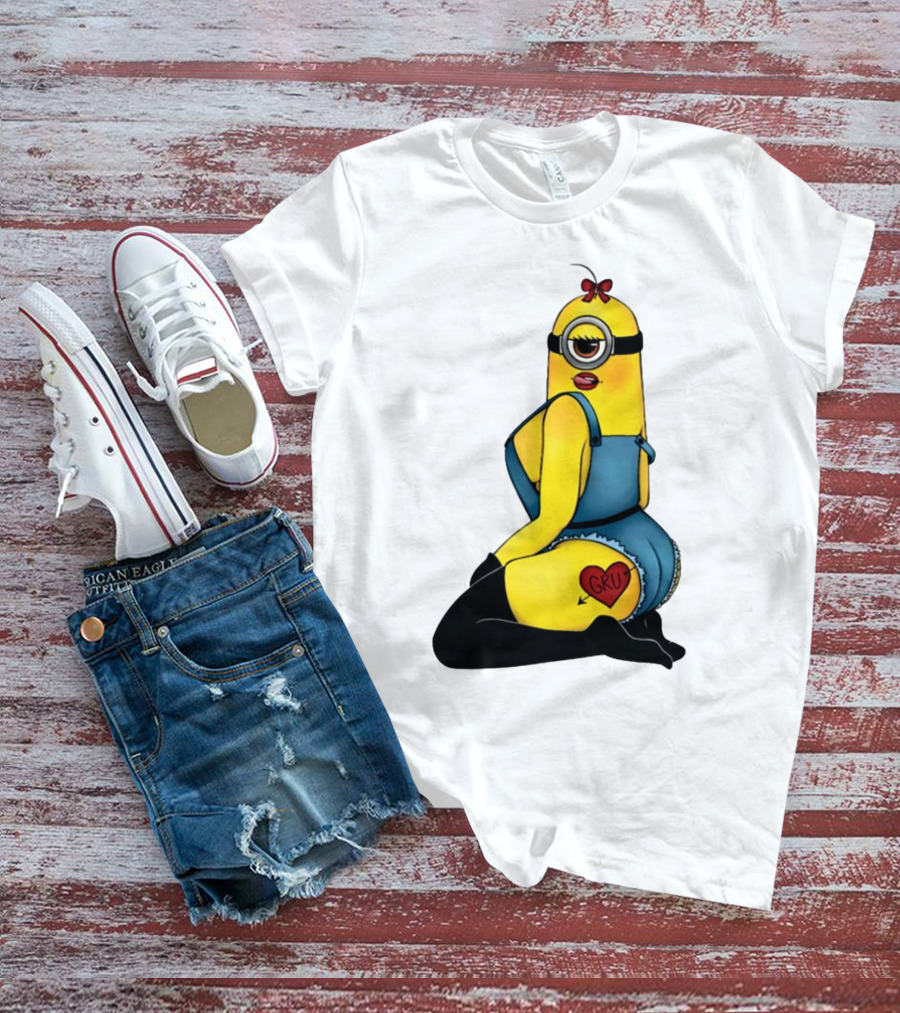 Minion In Blue Overalls With Gru Heart Tattoo And Red Bow T-Shirt