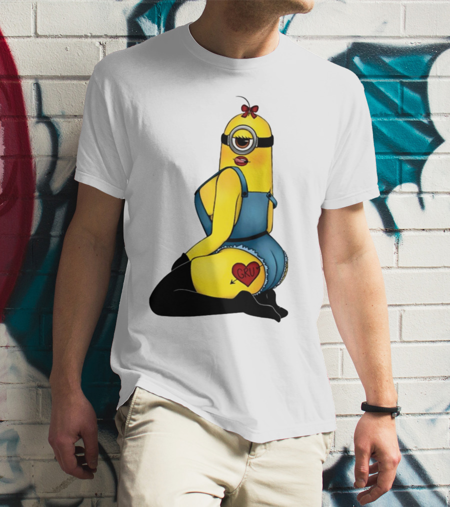 Minion In Blue Overalls With Gru Heart Tattoo And Red Bow T-Shirt