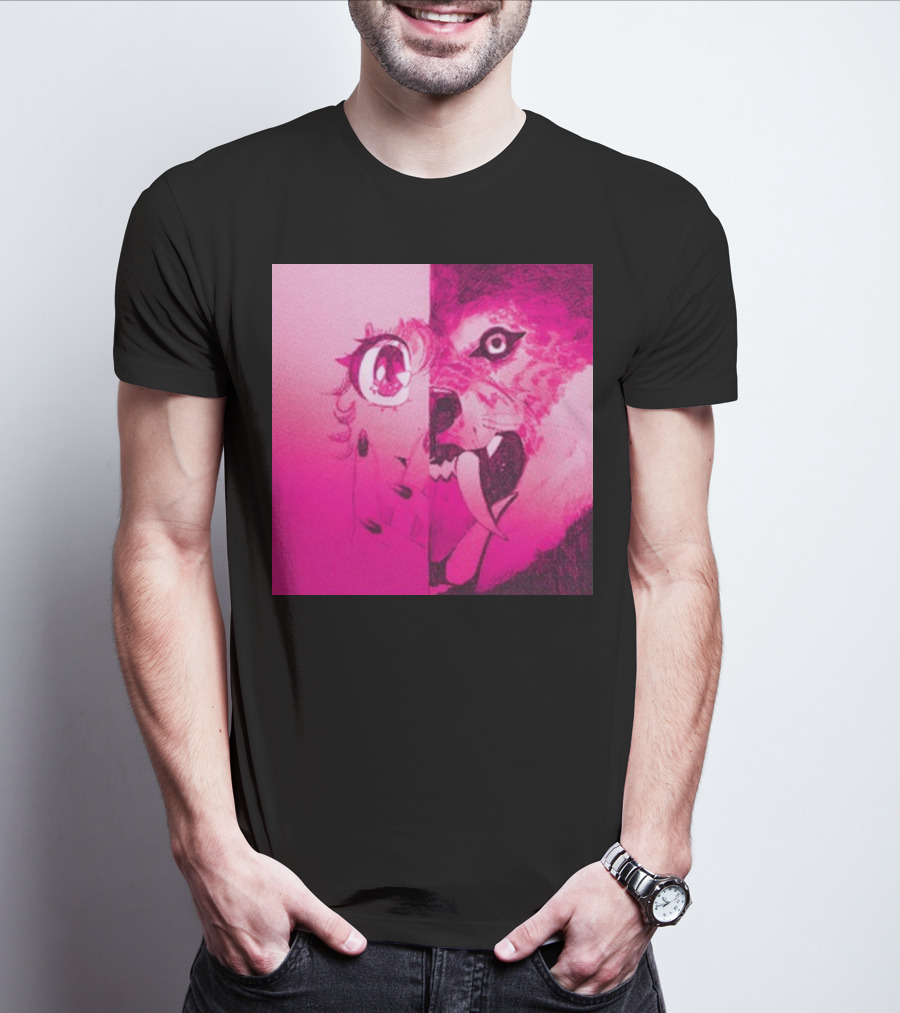 Topatoco Dead On The Scene Anime Eye Wolf Face Split Pink T-Shirt