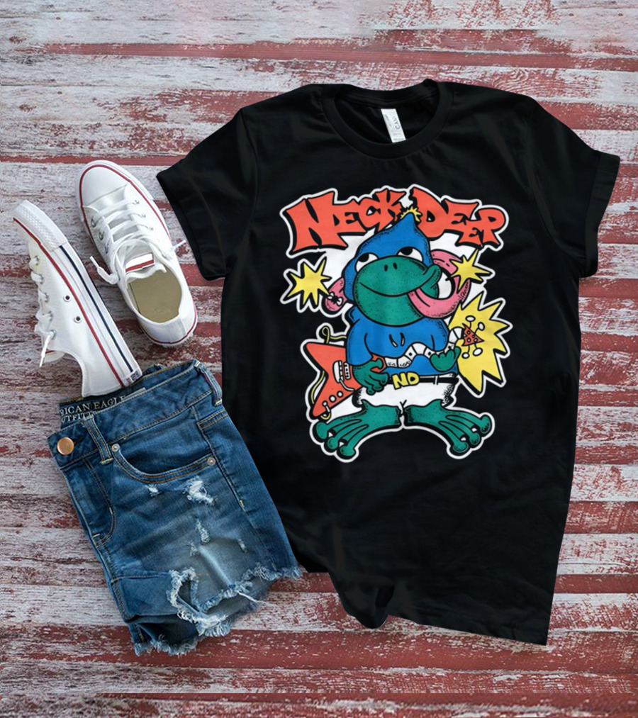 Neck Deep Frog Cartoon Character Holding Red Electric Guitar With Stars And No Belt T-Shirt