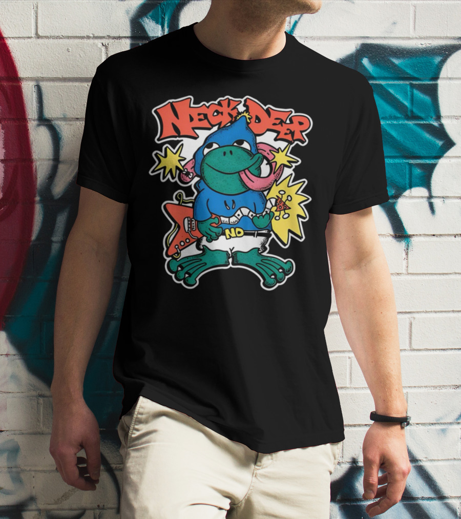 Neck Deep Frog Cartoon Character Holding Red Electric Guitar With Stars And No Belt T-Shirt