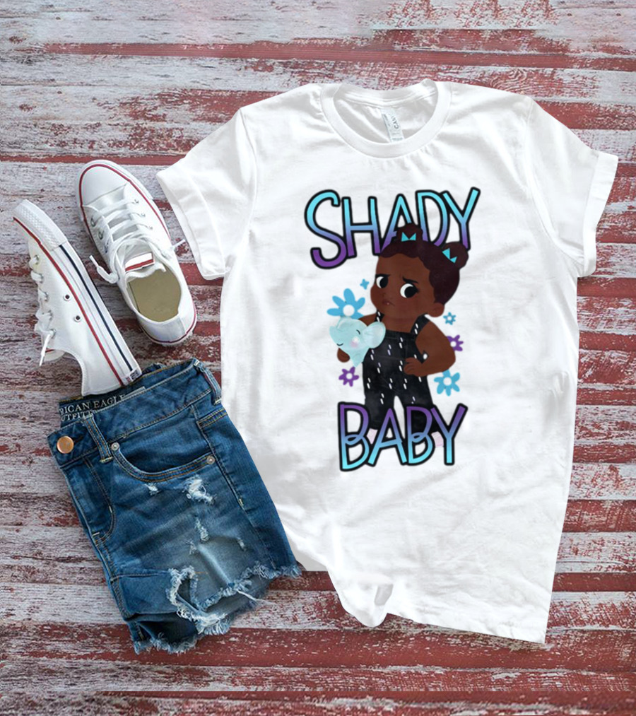 Shady Baby Cute Cartoon Character Holding Blue Elephant With Purple And Blue Flowers T-Shirt