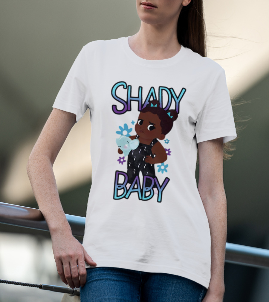 Shady Baby Cute Cartoon Character Holding Blue Elephant With Purple And Blue Flowers T-Shirt