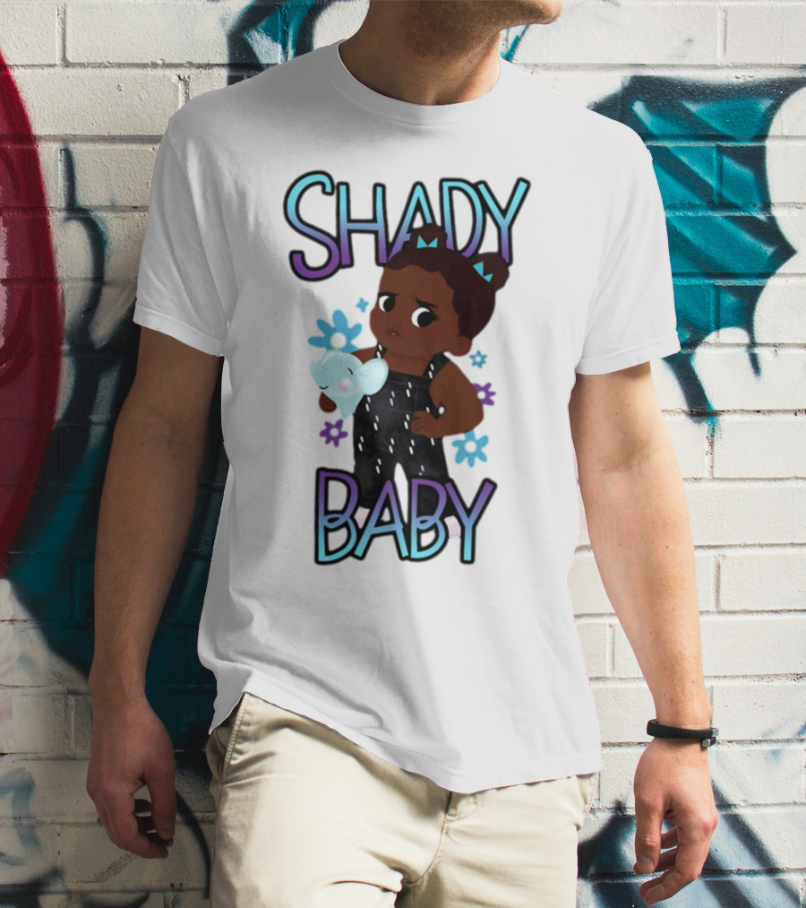 Shady Baby Cute Cartoon Character Holding Blue Elephant With Purple And Blue Flowers T-Shirt
