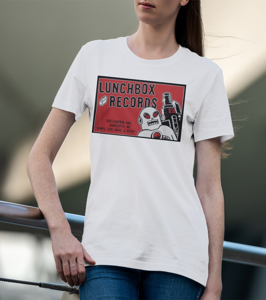 Lunchbox Records 825 Central Ave Charlotte NC Vinyl CDs DVDs Stuff Robot T-Shirt
