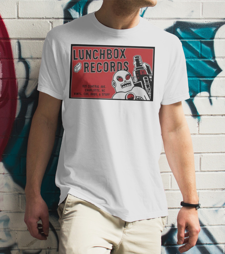 Lunchbox Records 825 Central Ave Charlotte NC Vinyl CDs DVDs Stuff Robot T-Shirt