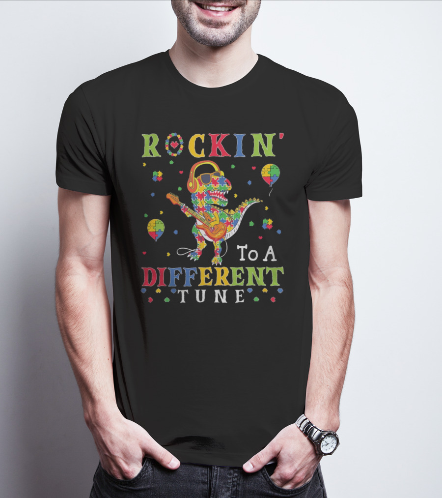 Rockin' To A Different Tune TRex Dinosaur Autism Awareness Puzzle Pieces T-Shirt