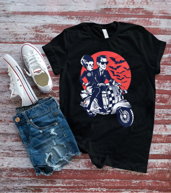 Ska-Lloween Couple Riding Scooter With Bats In Halloween Moon Sky T-Shirt