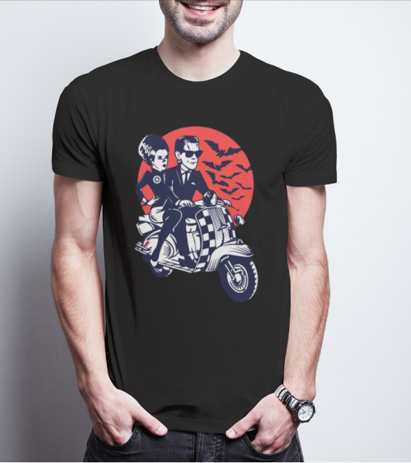 Ska-Lloween Couple Riding Scooter With Bats In Halloween Moon Sky T-Shirt