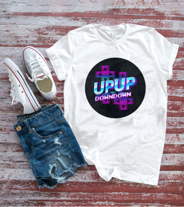 UPUP DOWNDOWN Retro Video Game Arrows Neon Text T-Shirt
