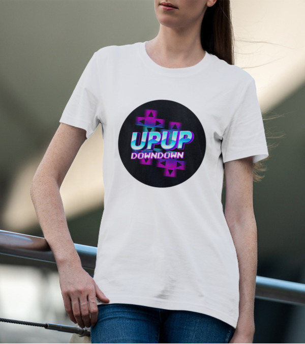 UPUP DOWNDOWN Retro Video Game Arrows Neon Text T-Shirt