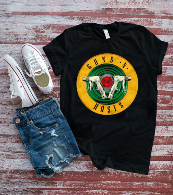 Guns N Hoses Firefighter Hydrant Nozzle Cross With Rose Circle Emblem T-Shirt