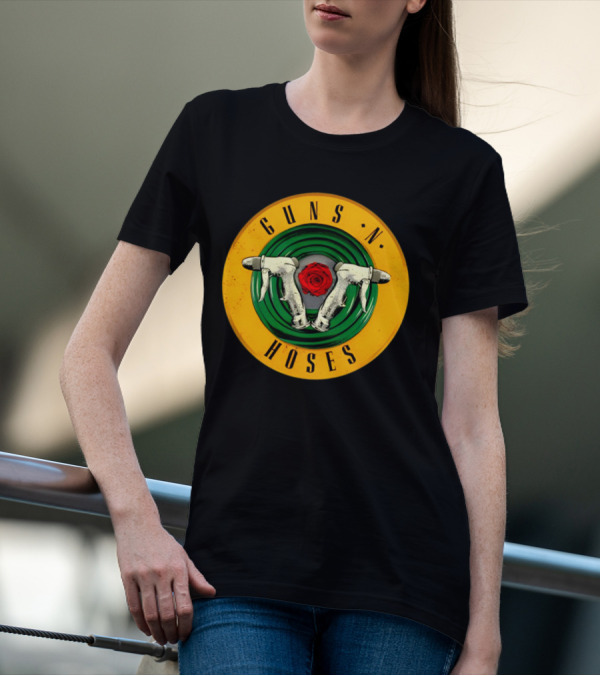 Guns N Hoses Firefighter Hydrant Nozzle Cross With Rose Circle Emblem T-Shirt